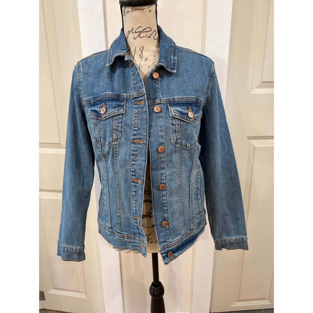 Denim Reworked Heart Patch Jean Jacket Size Medium - Picture 2 of 8
